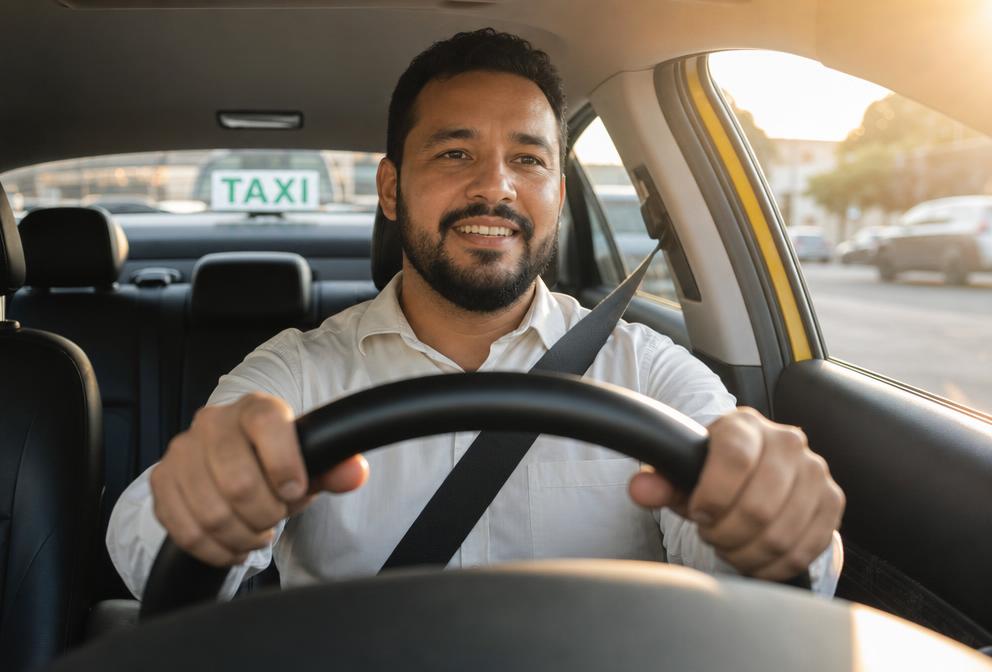Motorista de táxi sorrindo com as duas mãos no volante